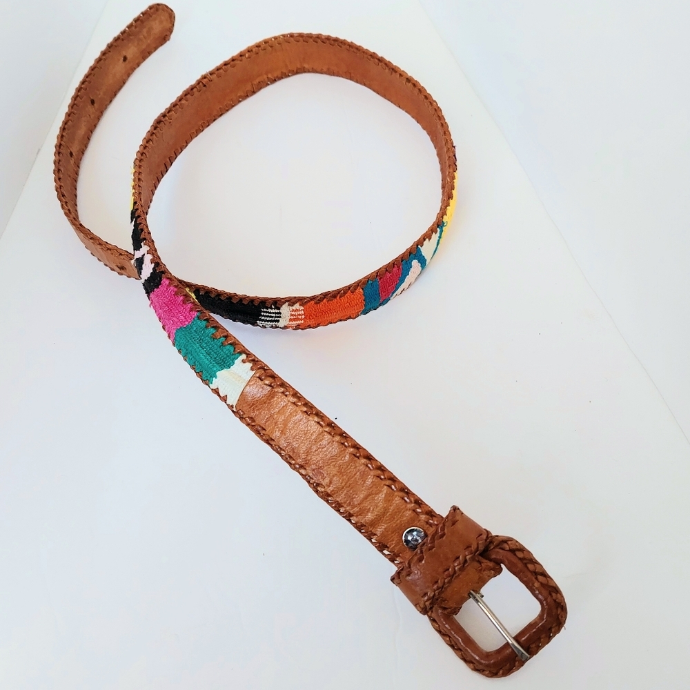 Vintage Women's Handmade Woven Edge Leather & Kilim Blanket Belt - marked Sz 36